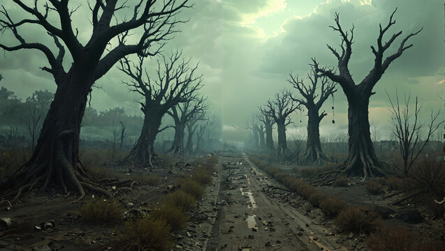 post apocalyptic landscape eerie dead orchard twisted trees decaying environment desolate scene hauntingly beautiful grim setting dystopian imagery poisoned fruits forsaken place barren wasteland surv