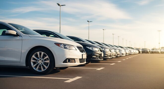 A neatly arranged row of cars in a parking lot under a bright sky.