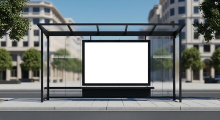 Bus stop with a blank billboard in an urban environment, with buildings and trees in the background.
