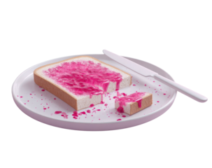 Pink plate holds a square slice of bread, topped with fuchsia jam, dripping. A small piece is missing. A knife rests beside it