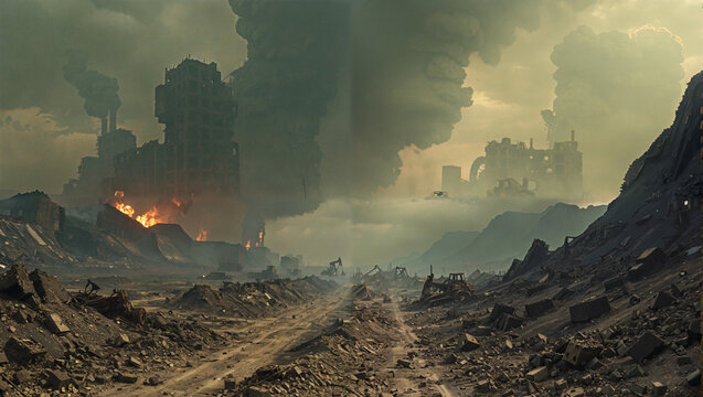 post apocalyptic scene barren landscape desolate terrain lifeless earth withered soil toxic clouds eerie atmosphere haunting backdrop dystopian world grim environment survival themes