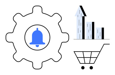 Gear with a central bell, shopping cart, and upward bar chart symbolize automation, notifications, sales, optimization, growth tracking, ecommerce and analytics. Ideal for automation tools