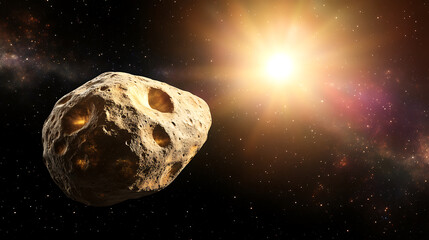 Asteroid Floating in Space with Sunlight Illumination
