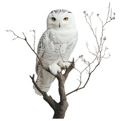 Majestic Snowy Owl on Branch: Captivating portrait of a majestic snowy owl perched serenely on a branch, its piercing yellow eyes conveying wisdom and vigilance. This striking bird of prey.
