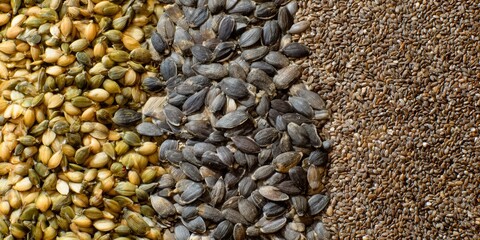 Obraz premium A vibrant close-up of various seeds, showcasing their textures and colors, perfect for healthy eating.
