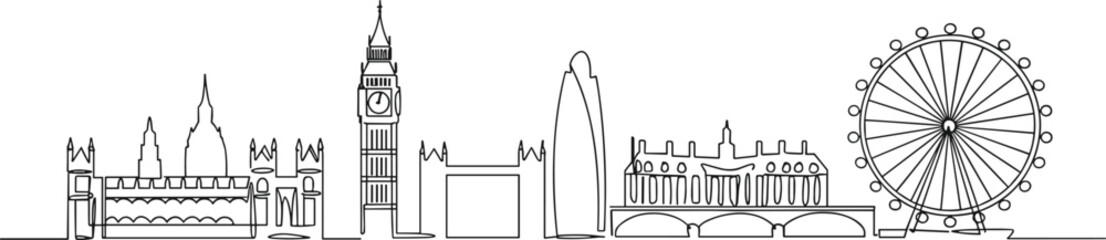 London skyline continuous line art, famous landmarks drawing, Big Ben, London Eye, minimal cityscape sketch, United Kingdom architecture illustration, travel destination vector graphic