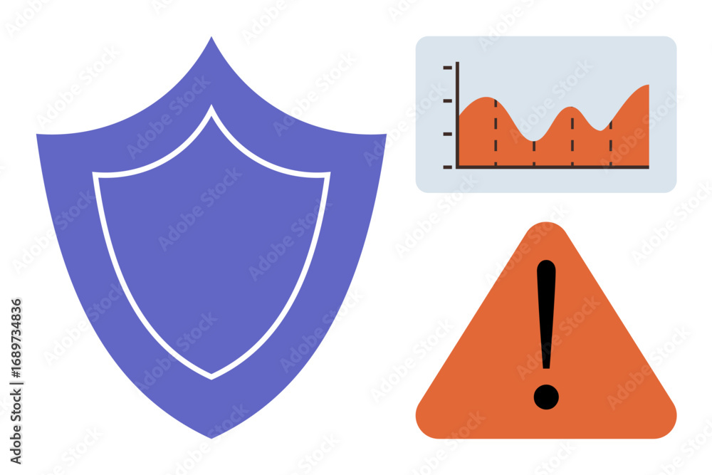 Poster large blue shield, triangular warning sign with exclamation mark, and data graph displaying fluctuat