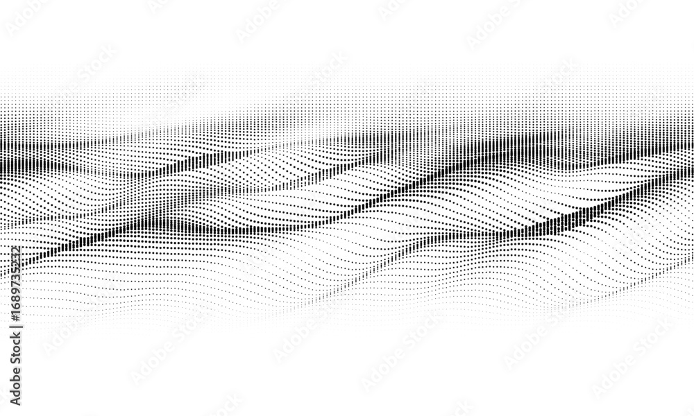 Aufkleber flowing dot particles wave pattern halftone black gradient smooth curve shape isolated on overlay tr