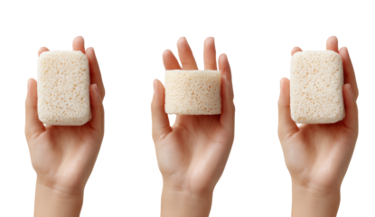 Three hands hold light beige, porous bath sponges