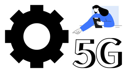 Large gear, woman pointing while holding a tablet, and bold 5G text emphasizing technology, innovation, teamwork, communication, networking, connection and automation. Ideal for a simple landing