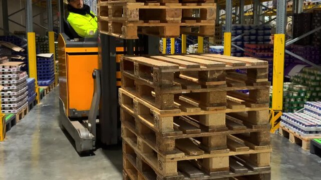 Forklift operator moves wooden pallets in busy warehouse during daylight hours