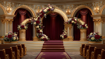 Fototapeta premium Ornate wedding ceremony setup in a grand hall.