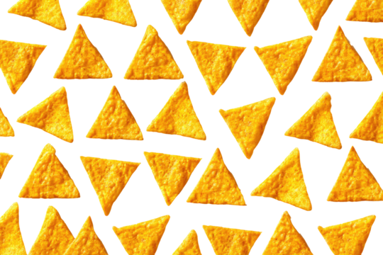 Close-up of many triangular, golden-yellow tortilla chips, arranged in a slightly overlapping pattern on a black background.  The chips' edges are outlined with a slightly darker, yellowish-gold color
