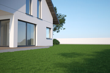 Modern house with green grass and sky, 3d illustration