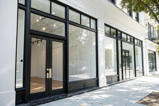 Modern minimalist architecture exterior featuring white walls, black framed window and door, empty space for advertising, banner, business display, logo mockup, real estate, and commercial.