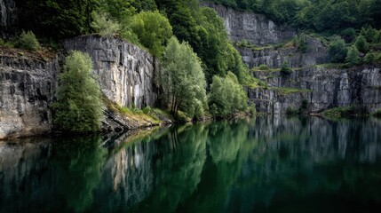 Fototapeta premium Tranquil Abandoned Quarry Lake Reflecting Steep Rocky Cliffs and Verdant Trees Under a Cloudy Sky, Showcasing Nature's Reclamation