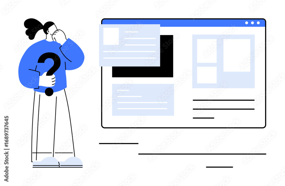 Poster curious individual holding a question mark, examining a structured web layout. ideal for decision-ma