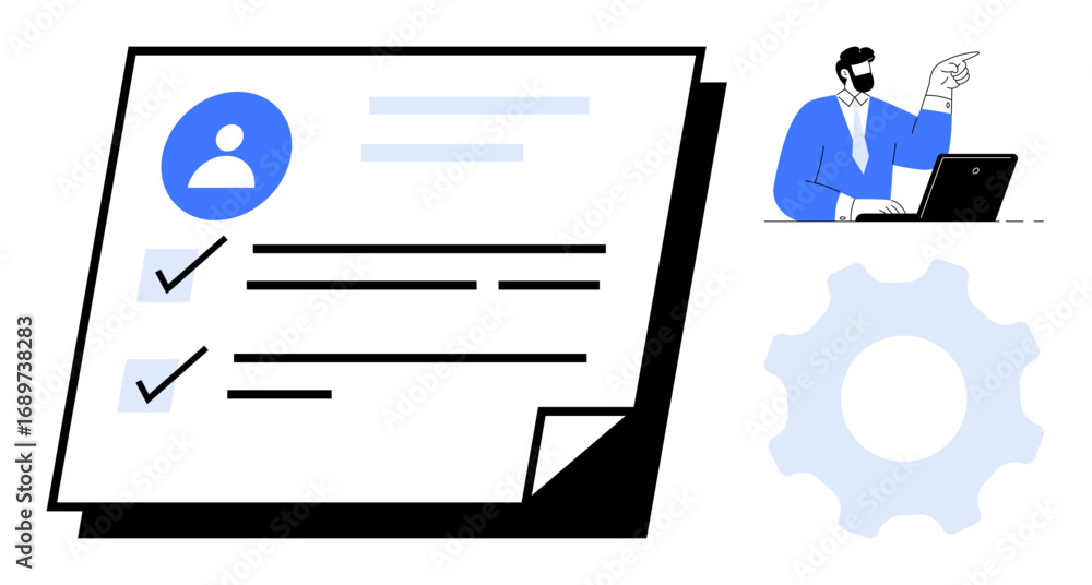 Poster task checklist and document with user icon, checkmarks, and settings gear. manager at laptop pointin