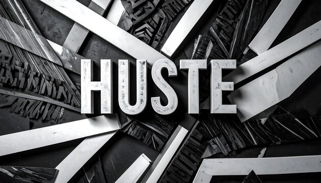 Abstract black and white design with the word "HUSTE