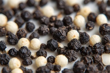 Fototapeta premium Vibrant close-up captures textured black and white peppercorns, perfect for culinary inspiration