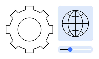 Gear beside globe icon and slider indicating customization, global settings, and adjustments. Ideal for technology, customization, global reach, optimization, interface design, settings and process