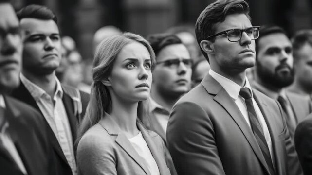 A portrait of three young business professionals, two men and one woman in suits, looking serious.