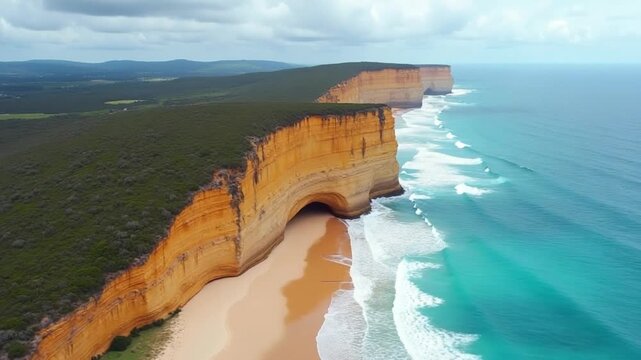 Sandy beach with a cliff in Australia. Fpv Drone Video.