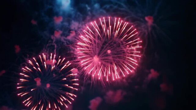 Bright red and blue fireworks illuminate a nighttime sky during a celebratory event, possibly a national holiday or community festival.