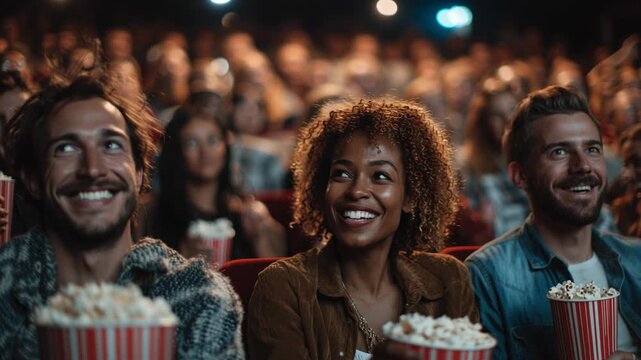 Group of friends watching a movie and eating popcorn at the cinema