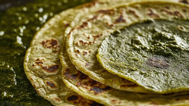 The colorful Indian snack, dosa, served with a side of vibrant green chutney.