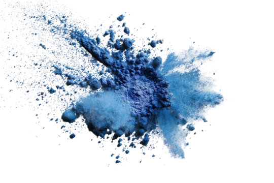 Abstract explosion of vibrant blue powder, radiating outwards against a black background.  Particles of varying sizes and shades of blue, with hints of shimmering detail.  A dynamic, energetic display