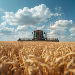 Fototapeta premium Agricultural machine harvesting grain across vast country sky e landscape