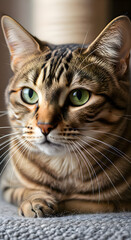 Behold the captivating beauty of a Brown Tabby Cat in this stunning portrait. The feline's piercing Green Eyes draw you in, while its intricate coat pattern and graceful pose exude elegance and charm.