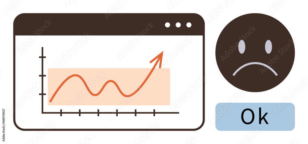 Aufkleber graph with fluctuating trendline on browser window and a sad face icon next to ok. ideal for busines