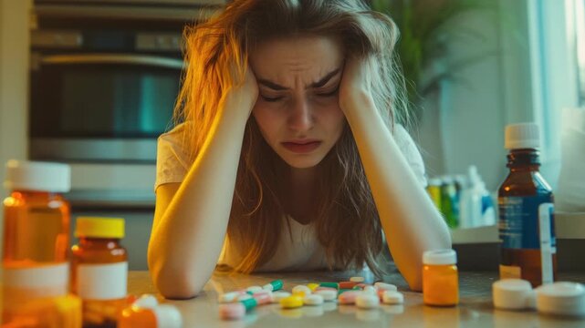 A young woman with her hands over her eyes, looking despondent. On the table in front of her is an assortment of pills and pill bottles.