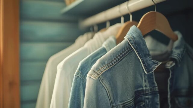 A blue jacket is hanging on a hanger. A white shirt is hanging on the same hanger