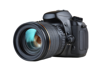 Close-up of a black DSLR camera with a large zoom lens