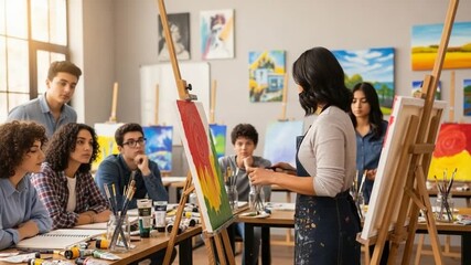 Engaging art class featuring diverse students learning painting techniques from an instructor. Suitable for educational materials, art school promotions, or creative workshop advertisements.