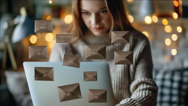 A young female working on her laptop at home, surrounded by holiday decorations. The screen shows multiple email notifications indicating a busy workload during the festive season.