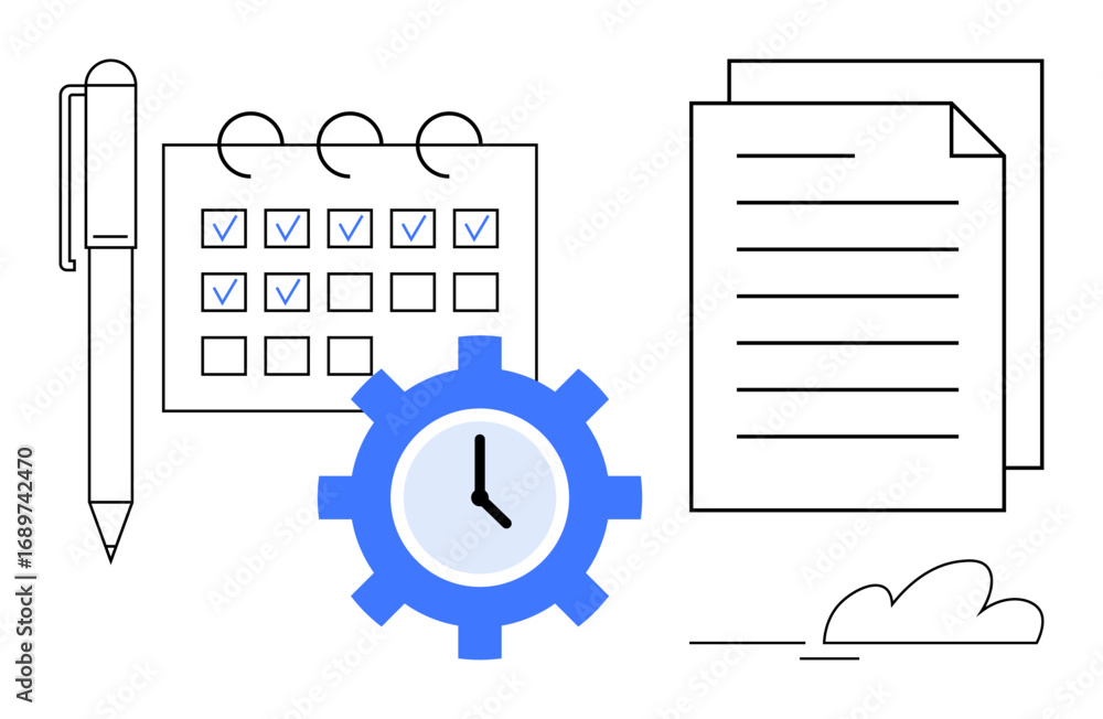 Aufkleber pen, calendar with checked tasks, mechanical clock gear, stacked documents. ideal for productivity, 