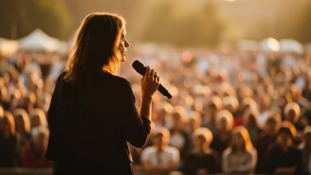 Inspiring speech to a crowd at open air event with warm sunset backdrop