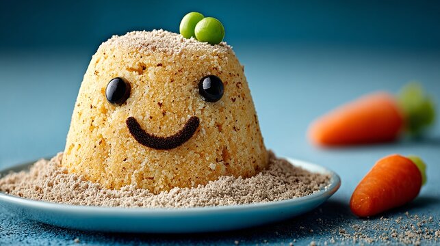 a cake with a smiley face made of flour on a plate