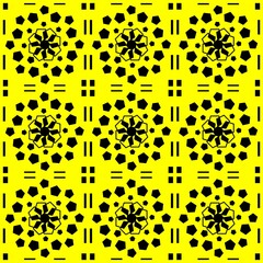 Abstract seamless black polygon pattern on yellow background, geometric optical art with repeating pentagons and lines, bold decorative design for textile, wallpaper, wrapping, and modern prints.