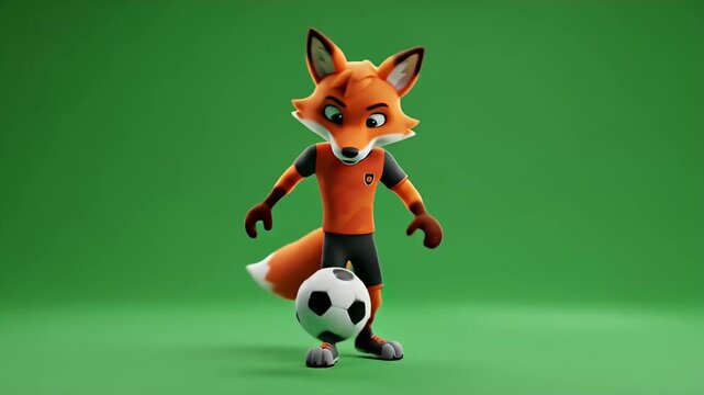 A 3D cartoon fox mascot character in a soccer uniform standing with a football on a green screen - Powered by Adobe
