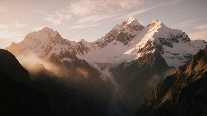 Majestic snow-capped mountains at twilight with misty valley