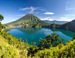 Panoramic view of a serene lake nestled within a volcanic crater, surrounded by lush vegetation and a majestic mountain under a clear blue sky