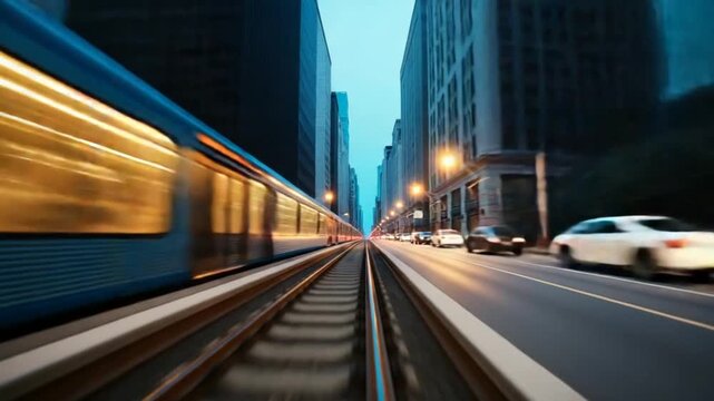 Time Lapse of Train Railroad View Driving Through Modern Urban City Buildings Business District In Rush Hour Traffic