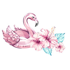 Elegant pink flamingo float surrounded by vibrant hibiscus flowers evokes summer fun and relaxation at the beach while creating a festive atmosphere for vacation celebrations