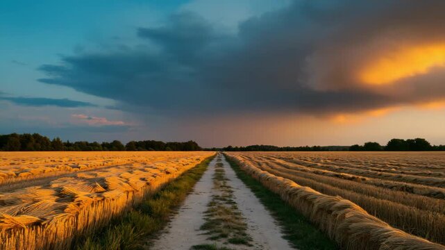 A rural pathway in a field at sunset with rolling clouds and green crops.