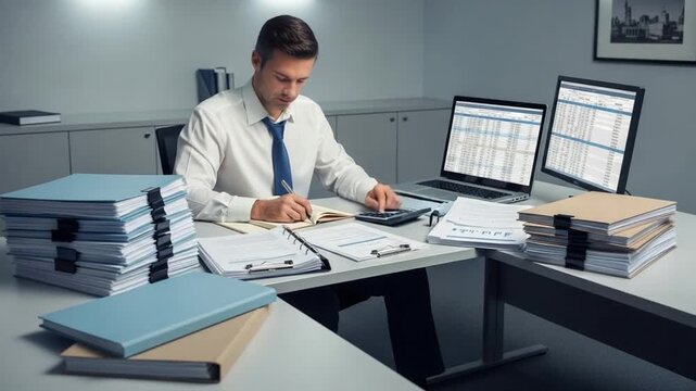 Focused accountant analyzing financial data using spreadsheets, documents, and calculator. suitable for illustrating accounting services, financial planning, or business operations